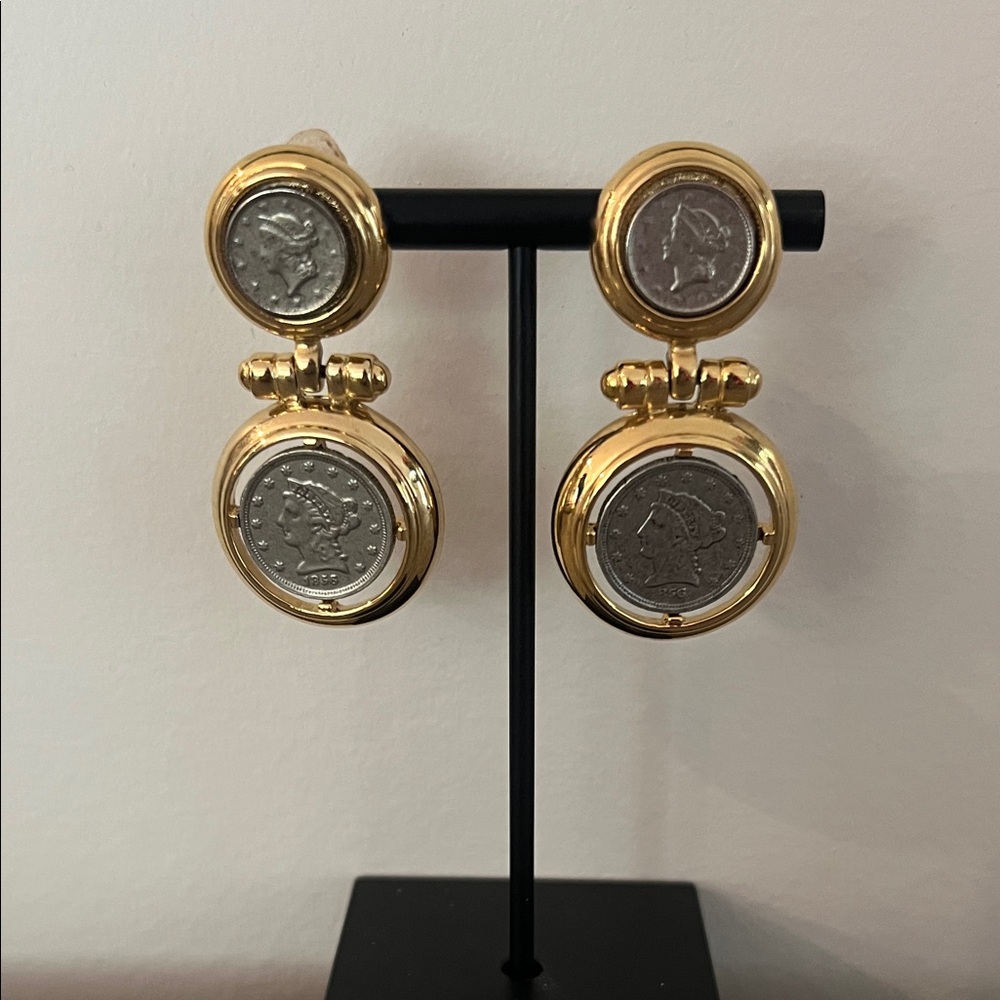 Vintage Gold-Tone Coin Drop Earrings in Substantial Gold and Silver